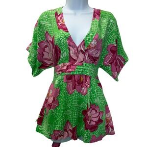 Lilly Pulitzer Women's Size S Green Pink Floral Print Kimono‎ Top Blouse
